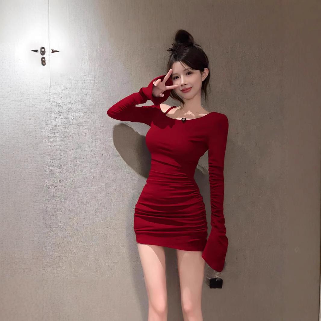 

Платье бодикон с открытыми плечами во французском стиле - Сексуальная мини-юбка, облегающая талию, для женщин Large красный