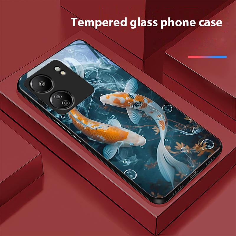 Chinesischer Windfisch Für Xiaomi Redmi 13C Note13 12 Pro Plus 5G Note 9 13T Pro POCO X6 F5 F6 Schwarze Handyhülle aus gehärtetem Glas