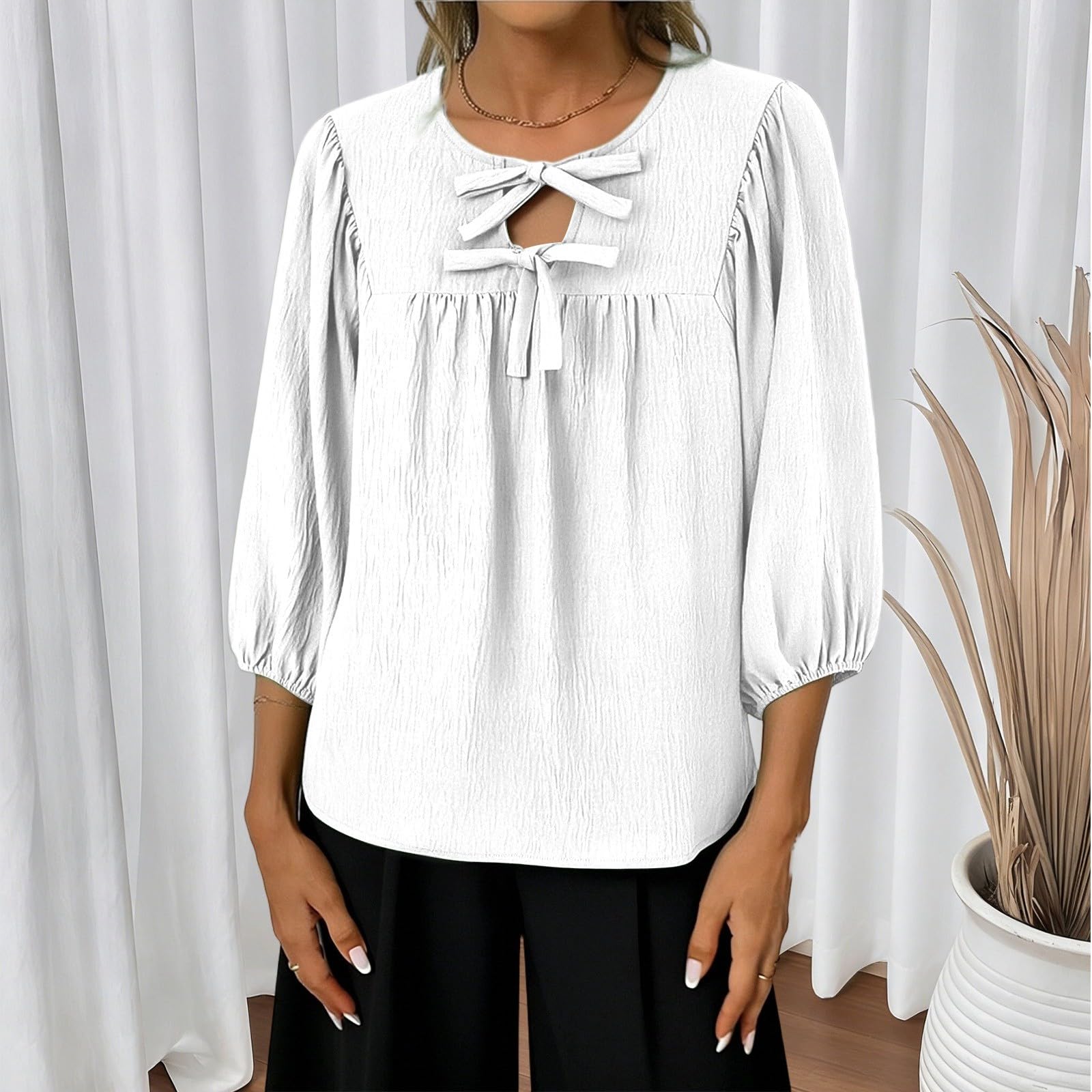 

Women s Fashionable Lace-Up Oversized Shirt With Three-Quarter Sleeves XL білий