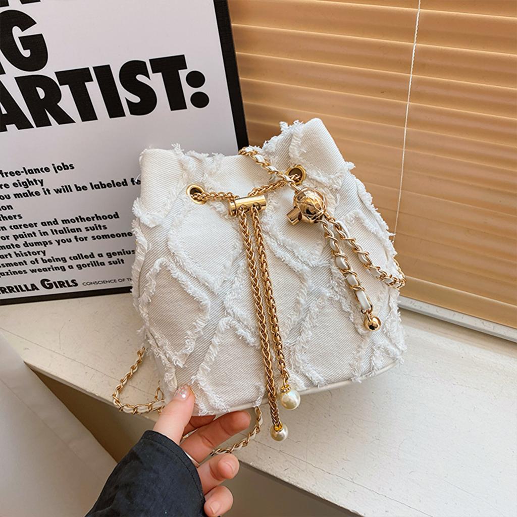 Women's Fashion Denim Crossbody Bag Diamond Quilted Shoulder Purse with Chain Strap & Drawstring Closure for Daily Use Commute