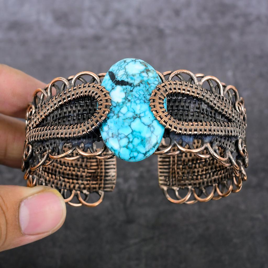 Tibetan Turquoise Handmade Copper Wire Wrap Cuff Bangle Adjustable Z1R96