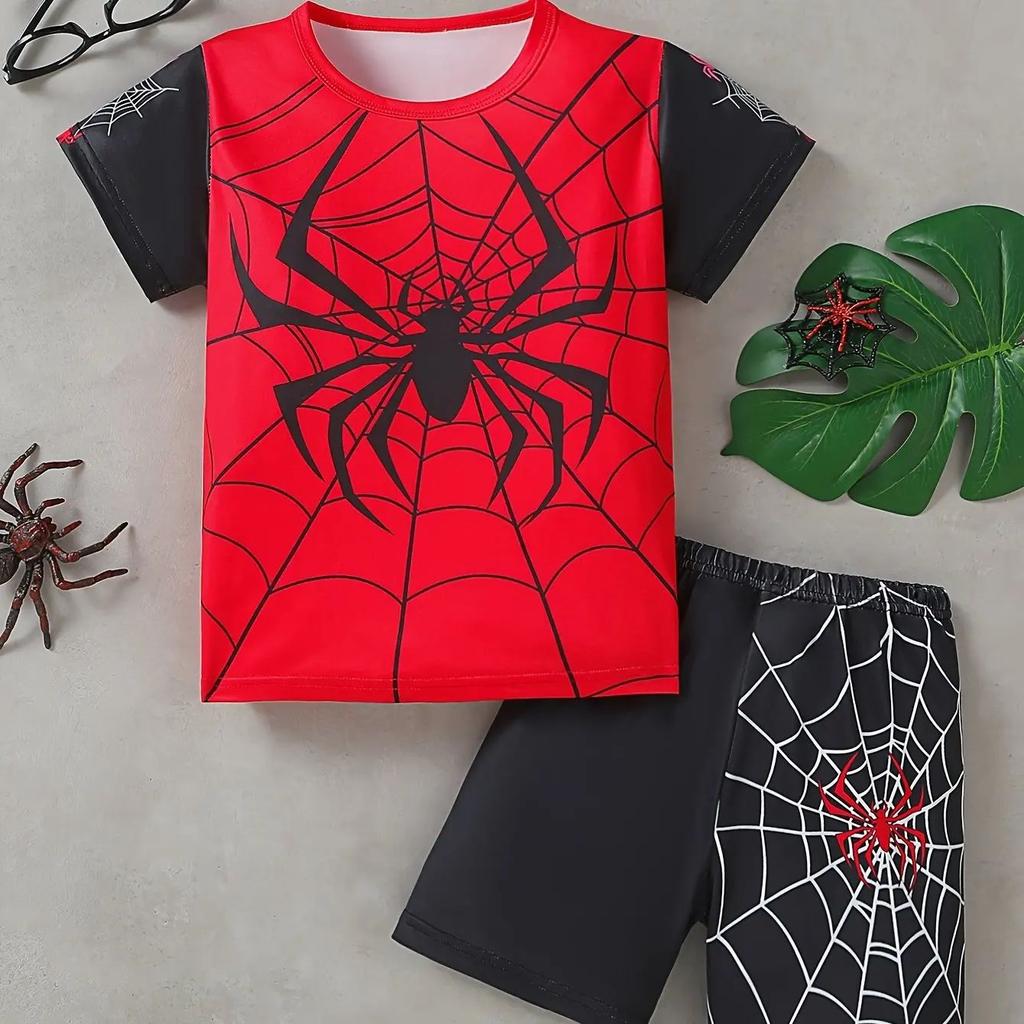 2025 Children's Clothing 2-piece Set, Boys' Fun Cartoon Spider Printed Short sleeved T-shirt and Shorts Set, Summer Sports Boys'