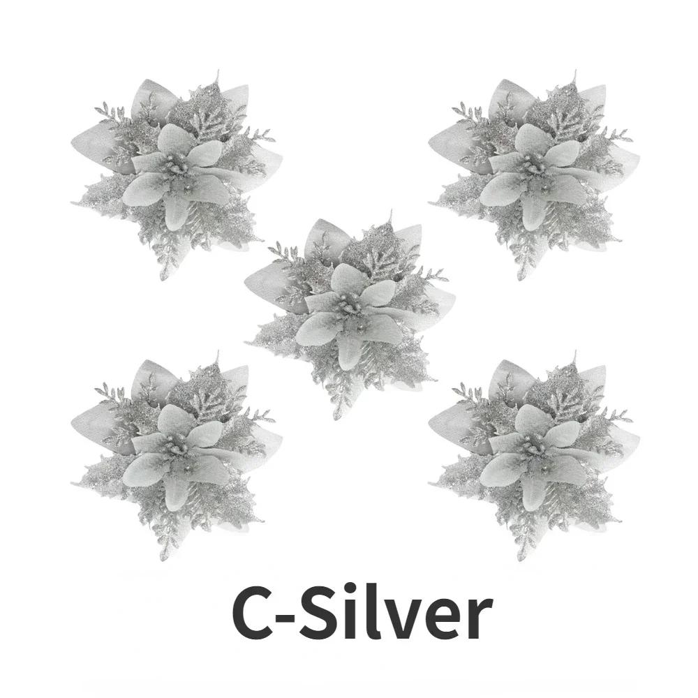 20/5PCS Artificial Glitter Christmas Flowers with Clip Xmas Tree Hanging Ornament Fake Flower New Year Party Home Decor Supplies
