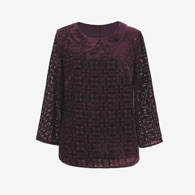 

Blue Rose Женский осенний бутик большого размера, блузка-пуловер с кукольным воротником и рукавами 3/4 из бархата с лазерной гравировкой Deep purple UK20