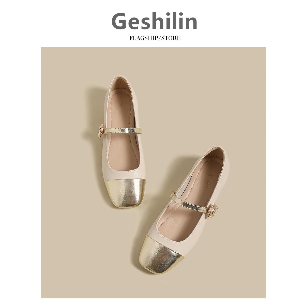 

Версия из овчины~ Кожаные туфли Мэри Джейн 2025 лето новая расцветка Xiaoxiangfeng на плоской подошве одинарные туфли французские туфли с открытым верхом 40 шампанского