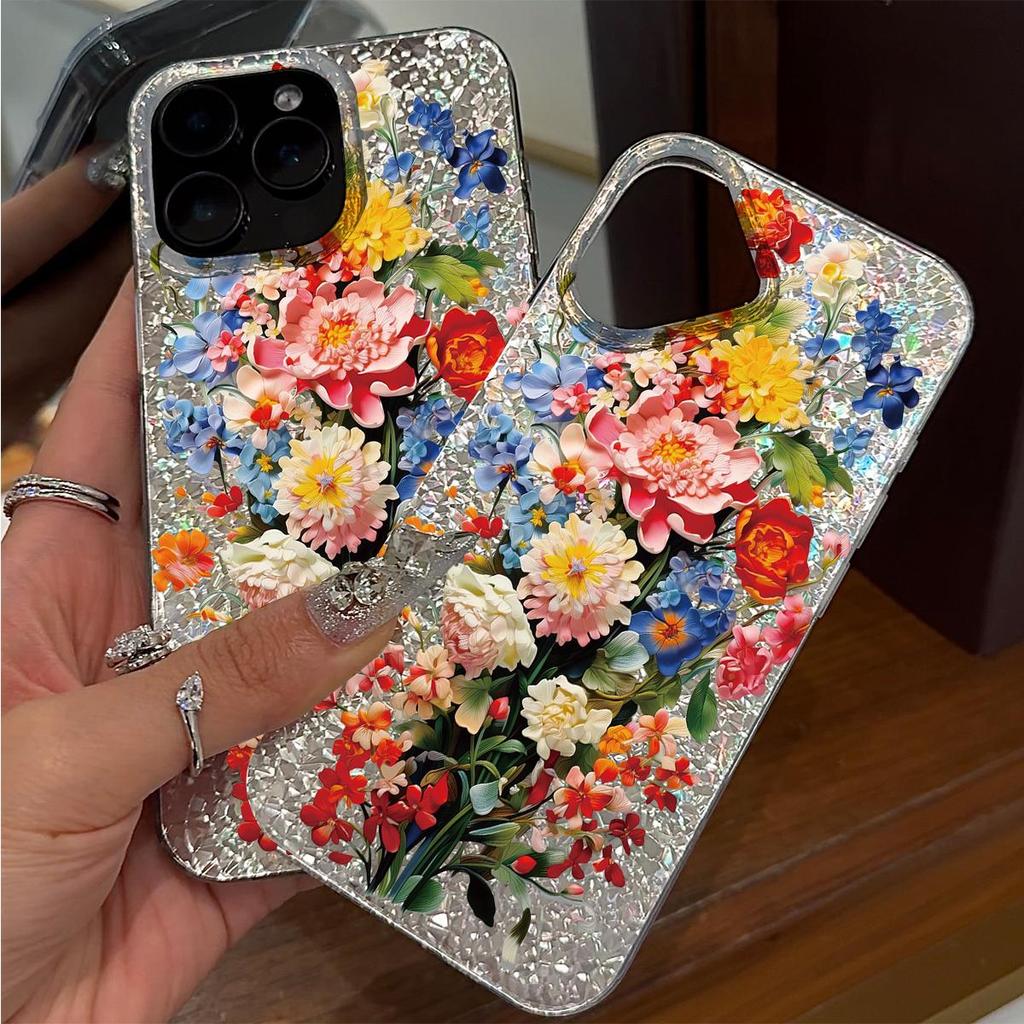 Case for iphone XR 12 Air XS Max 14 18 Pro Max 15 16 Plus 17 Pro 11 13 Silver Glitter Crackle Background Colorful Flowers
