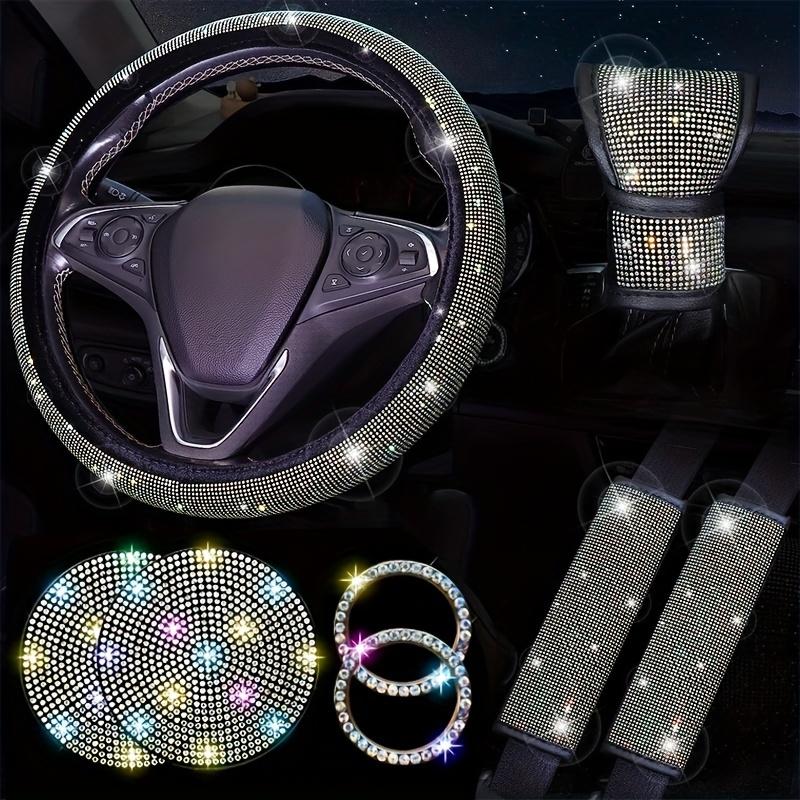 Set da 8 pezzi: Coprivolante per auto con diamanti, Copri cintura di sicurezza con strass scintillanti, Sottobicchiere per auto.