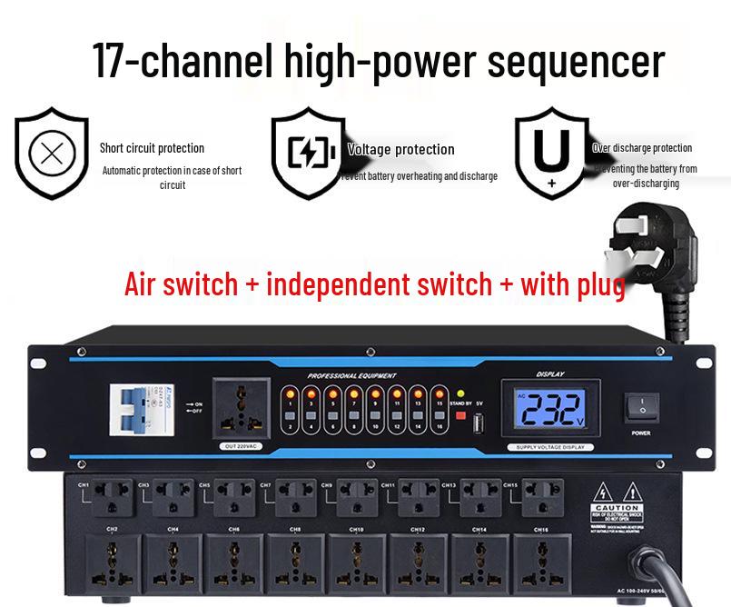 Universal Sequencer Power Controller with 8, 9, 10, 16-Socket Protection for Stage, Conference, and KTV.