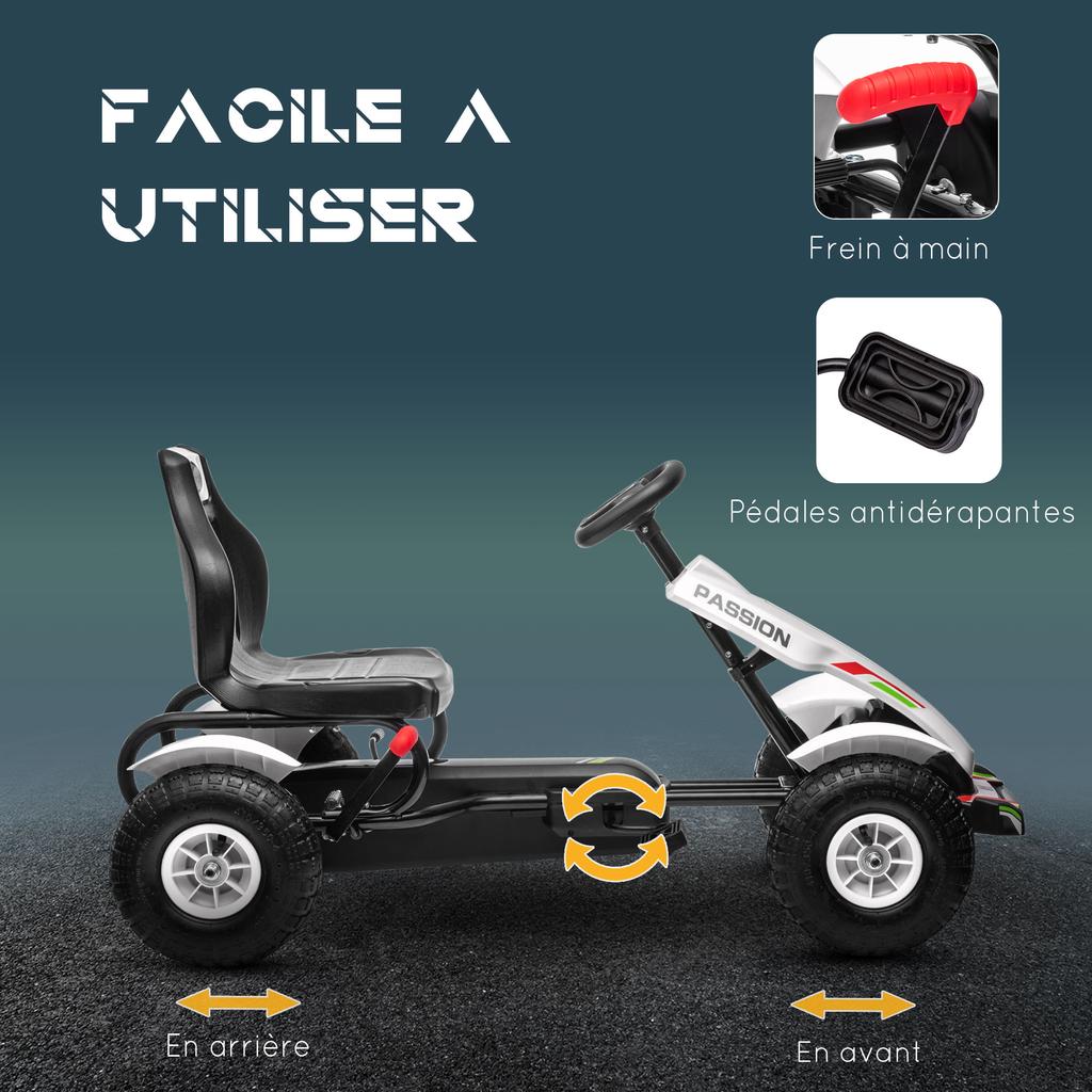 Pedal go-kart for children seat adjustable to 3 positions handbrake children 5 to 12 years white black