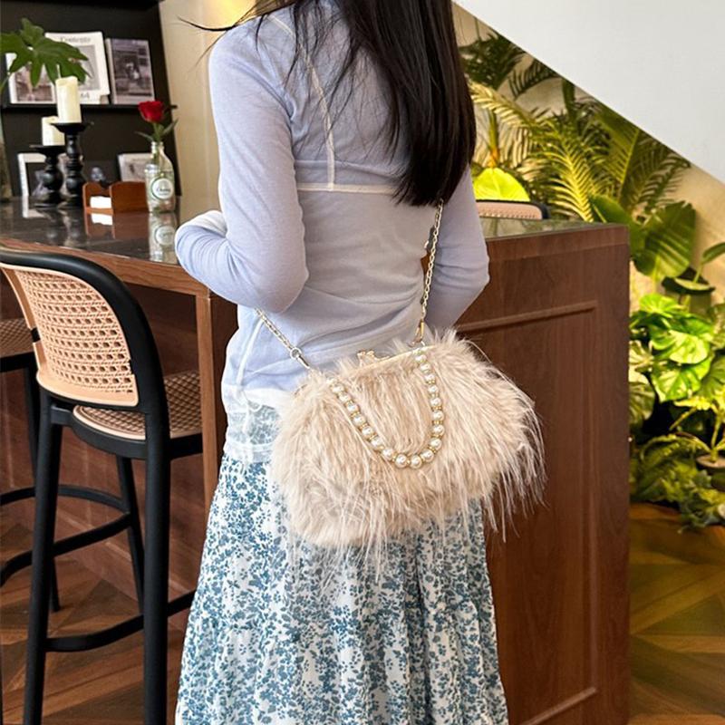 Furry Crossbody Bag with Pearl Handle Fashion Chain Plush Shoulder Bags for Women Soft Faux Fur Evening Party Purse