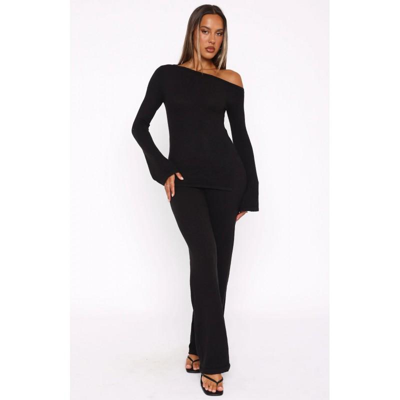 Womens 2025 Casual 2-Piece Set: Slim Fit Long Sleeve Top Elastic Waist Pants In Solid Colors