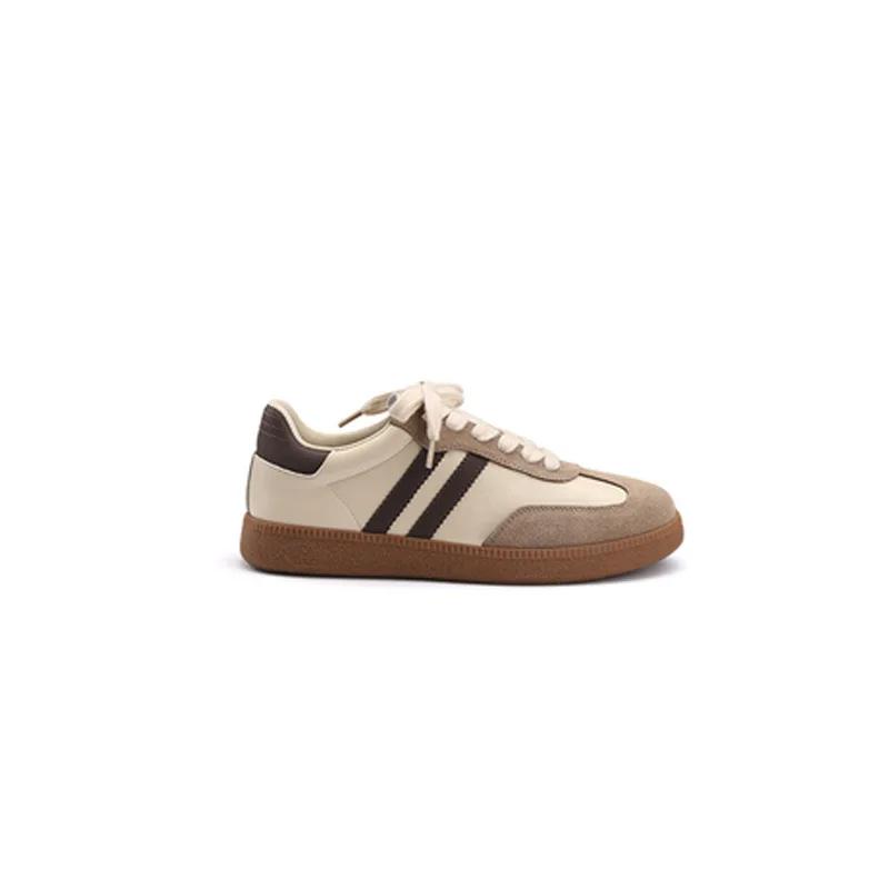 Fashion Women Genuine Leather Sneakers Round Toe Flats Mixed Colors Sewing Ladies Fashion Lace-up Shoes Spring Autumn Grey White2025 new