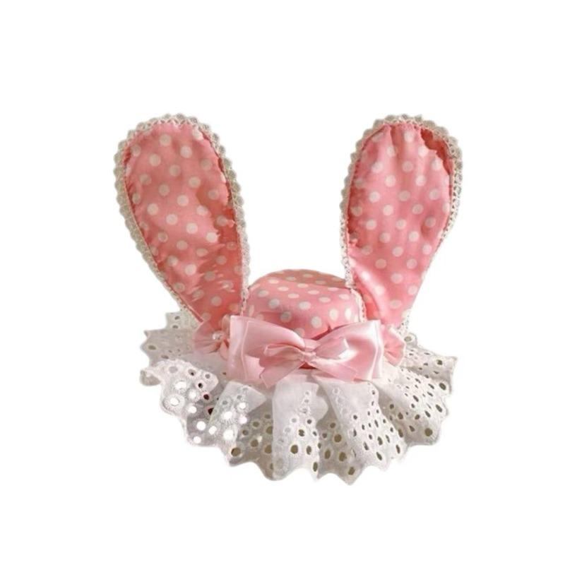 Pink Rabbit Ear Bow-patterned Polka Dot Hat Hairpin, Cute and High-end Clip Hair Accessory for Birthday Headwear