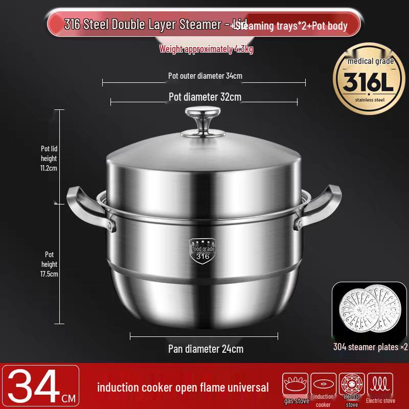 316 Stainless Steel High-Rise Steamer Pot, Extra Thick, Food-Grade, Large Capacity, Versatile 3-4 Layer Soup Pot