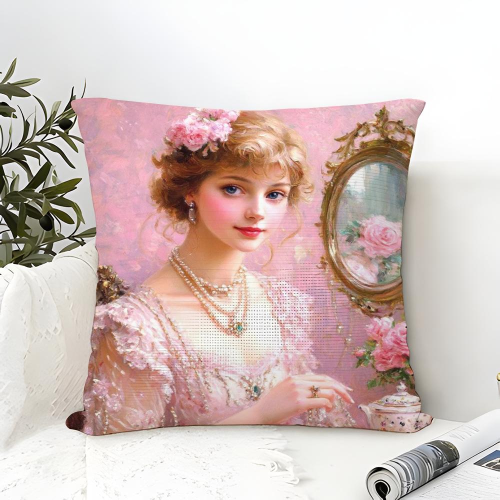 Classic Reto Oil Painting Girl  Pillow Case Linen Pillow Case Sofa Home Decor Cushion Cover Cushion Cove