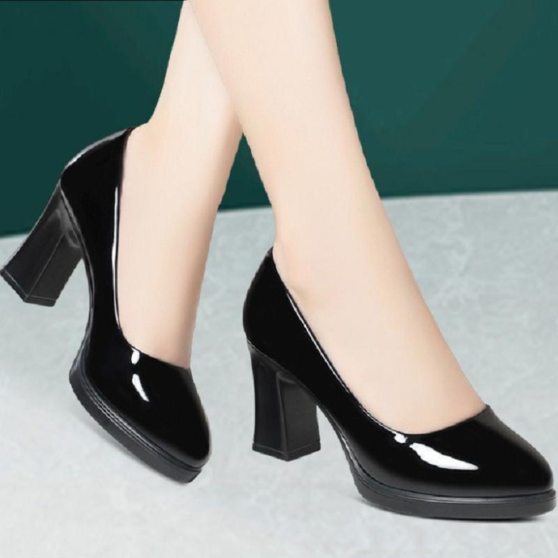 

sapatos femininas women cute black patent leather round toe high quality spring slip on office work heel shoes ab571 35