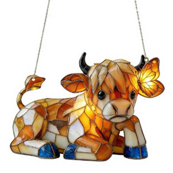 Highland Cow Butterfly Suncatcher Decoration Indoor Outdoor Garden Yard Window Wall Hanging 2D Acrylic Stained Glass Ornament