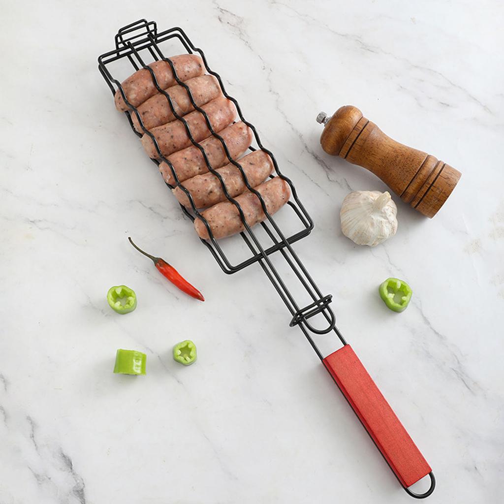 Hot Dog Holder for Grilling Iron Multifunctional BBQ Sau Grill Rack with Wooden Handle for Mt Vegetables