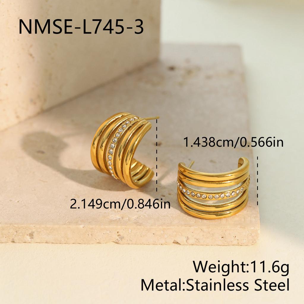 Stainless Steel Multi-layer Diamond-set C-shaped Earrings Women's, Gold and Silver Two-color Geometric Wide Ring Light Luxury Commuter Earrings