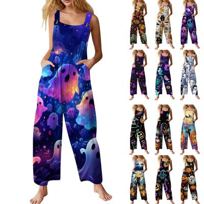 Damen Casual Halloween Bedruckter Jumpsuit Ärmelloser Bedruckter Baumwolljumpsuit