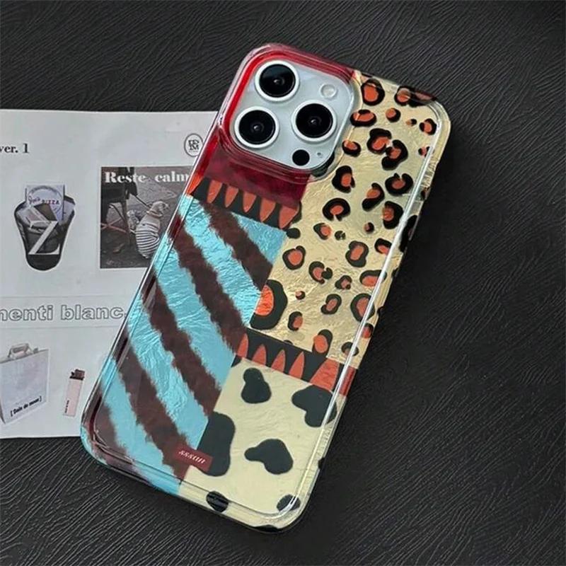 Korean Stripes Leopard Jigsaw Wave Point Print Phone Case for IPhone 16 15 14 13 11 12 Pro Max Plus Patchwork Vortex Cover Funda