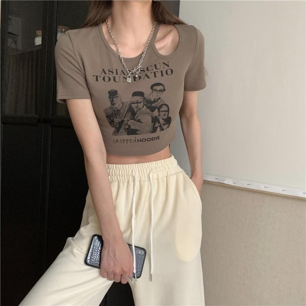 Print T Shirt Women Summer Short Sleeve Tee Fashion Hollow Out Tank Tops Casual Crop Top Female T-shirt