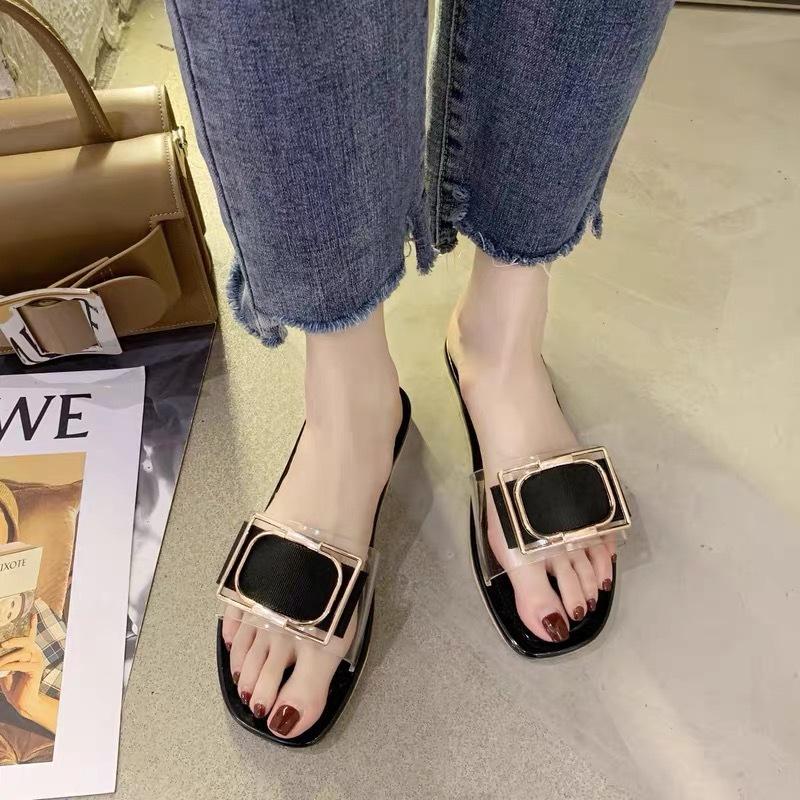 Versatile trend non-slip square buckle slippers women's outer wear summer  fashionable transparent casual and comfortable slippers