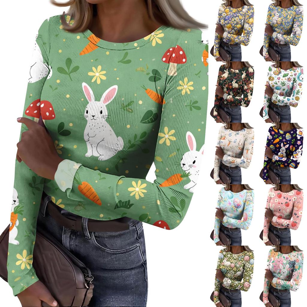 Women's And Winter Slim T-shirt Fashion Casual Printing Round Neck Pullover Long Sleeve Top