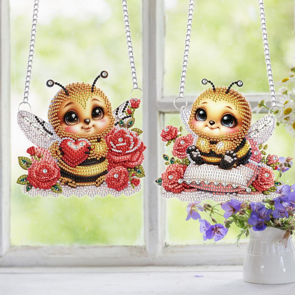 2pcs Bee Theme 2D Flat DIY Diamond Painting Set Hanging Diamond Art Kits Diamond Art Pendant Window Hanging Art for Home Decor