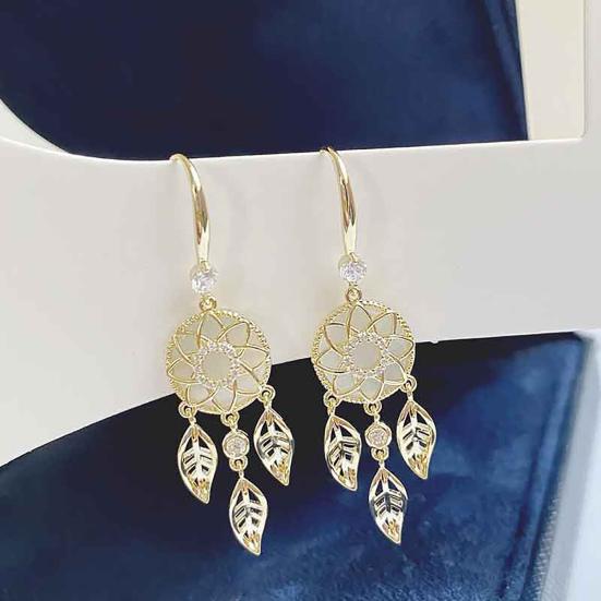 Yousheng 1 Pair Pendant Earrings Geometric Hollow Out Glitter Dreamcatcher Shape Temperament Leaves Tassel Rhinestone Earrings Jewelry Accessory