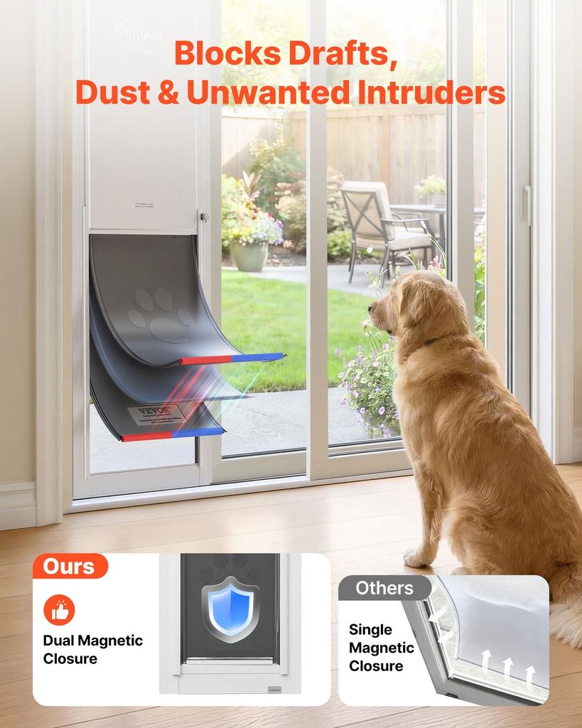 Dog Door for Sliding Glass Door, 1927 Mm To 2049 Mm Adjustable Height, Aluminum Alloy Frame with 3-Layer Flap and Rotating Hinge, for Extra