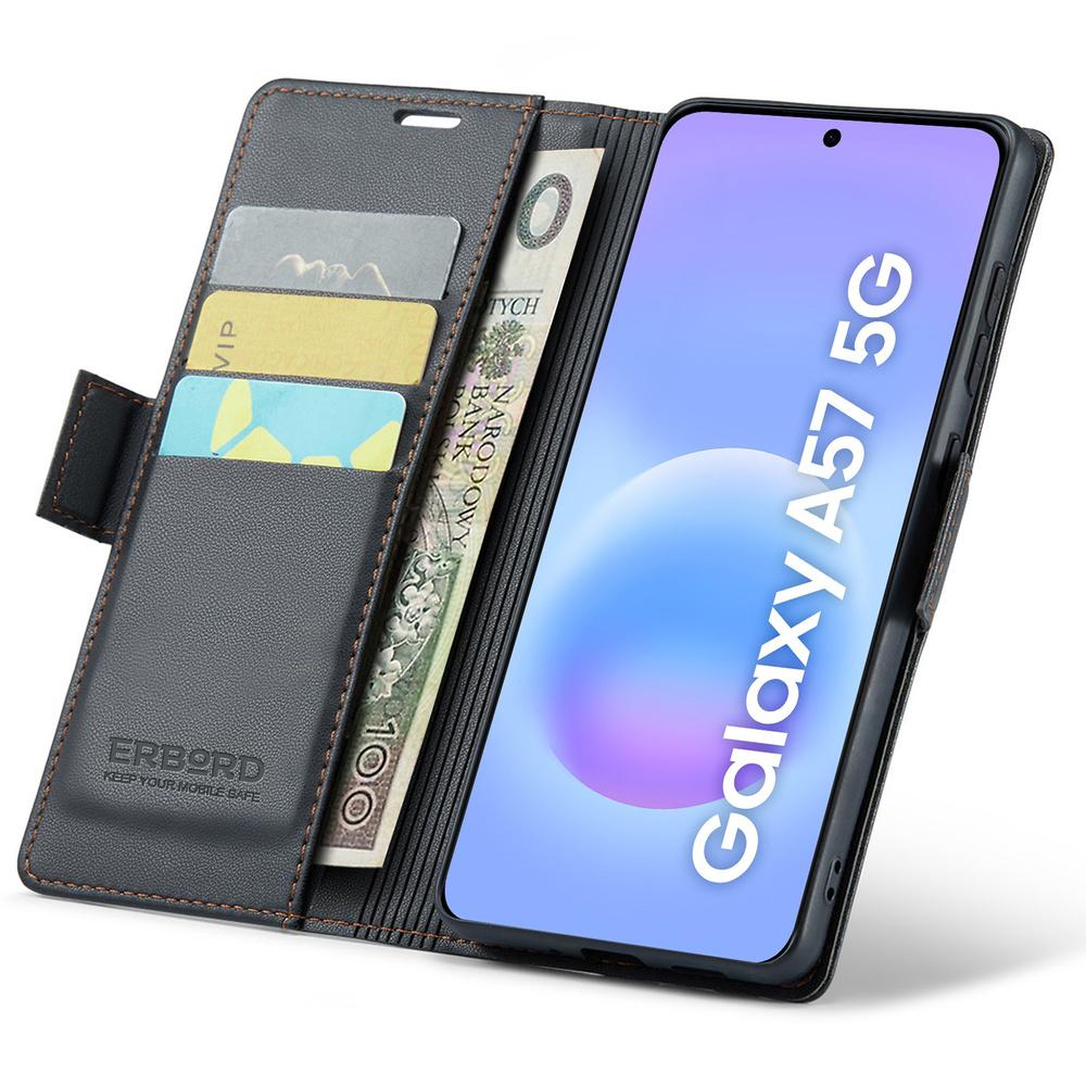 Samsung Galaxy A57 5G Case, ERBORD Glossy Litchi, Wallet with Flip, Black
