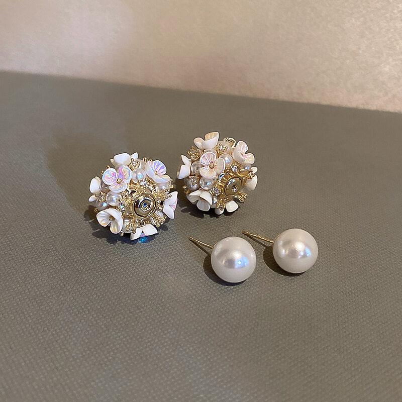 Faux Pearl Two-sided Shell Zircon Earring Elegant Fashion Women Shiny Crystal Imitation Pearl Handmade Earrings Party Jewelry Gift