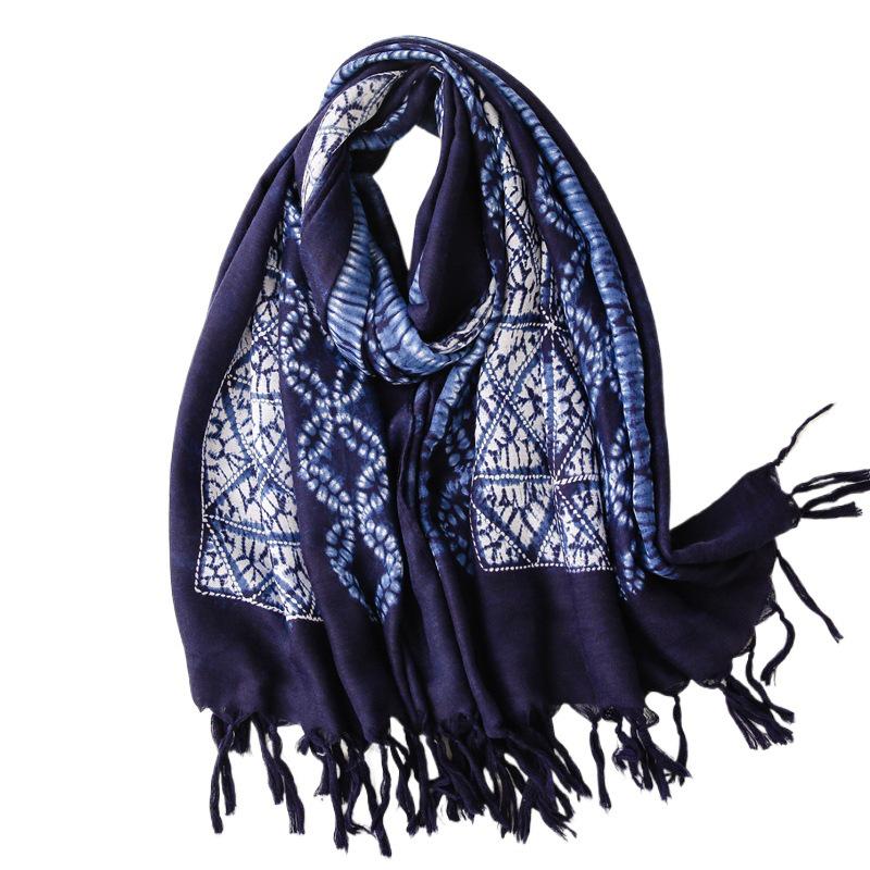 Ethnic Tie-Dye Blue & White Cotton-Linen Scarf: Mori Girl Travel Shawl & Literary Accessory