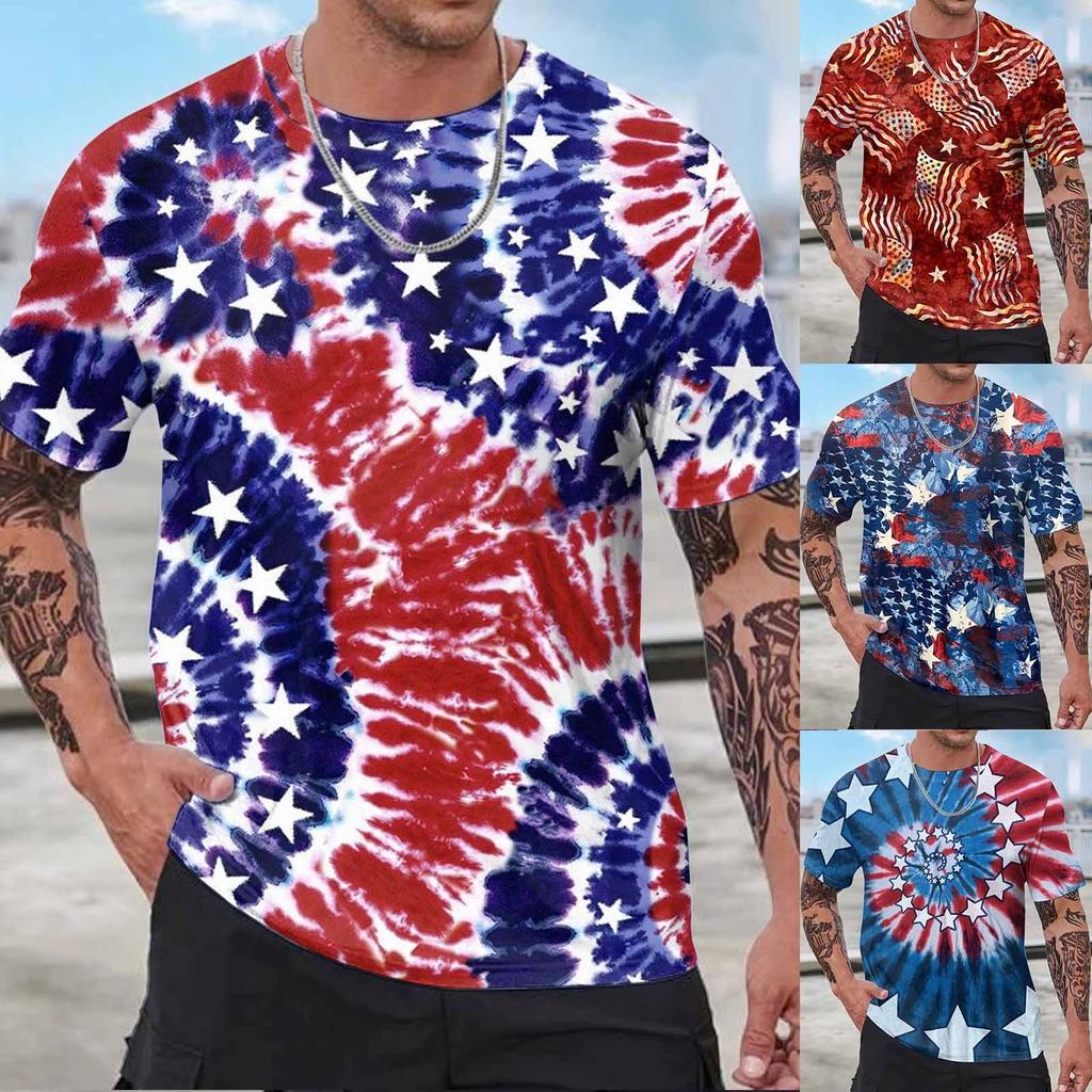 Men's Summer Short Sleeve Printed T-Shirts Casual Round Neck Independence Day Tee Patriotic Shirts