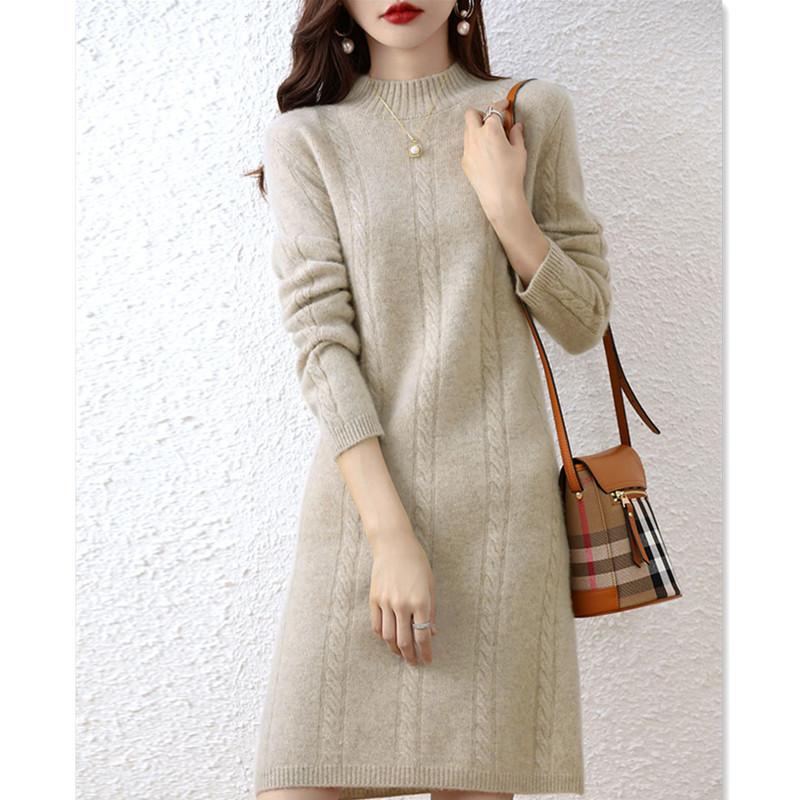 Autumn and winter thickened twisted flower medium and long sweater skirt loose and thin bottoming skirt women's semi-turtleneck knitted dress women's