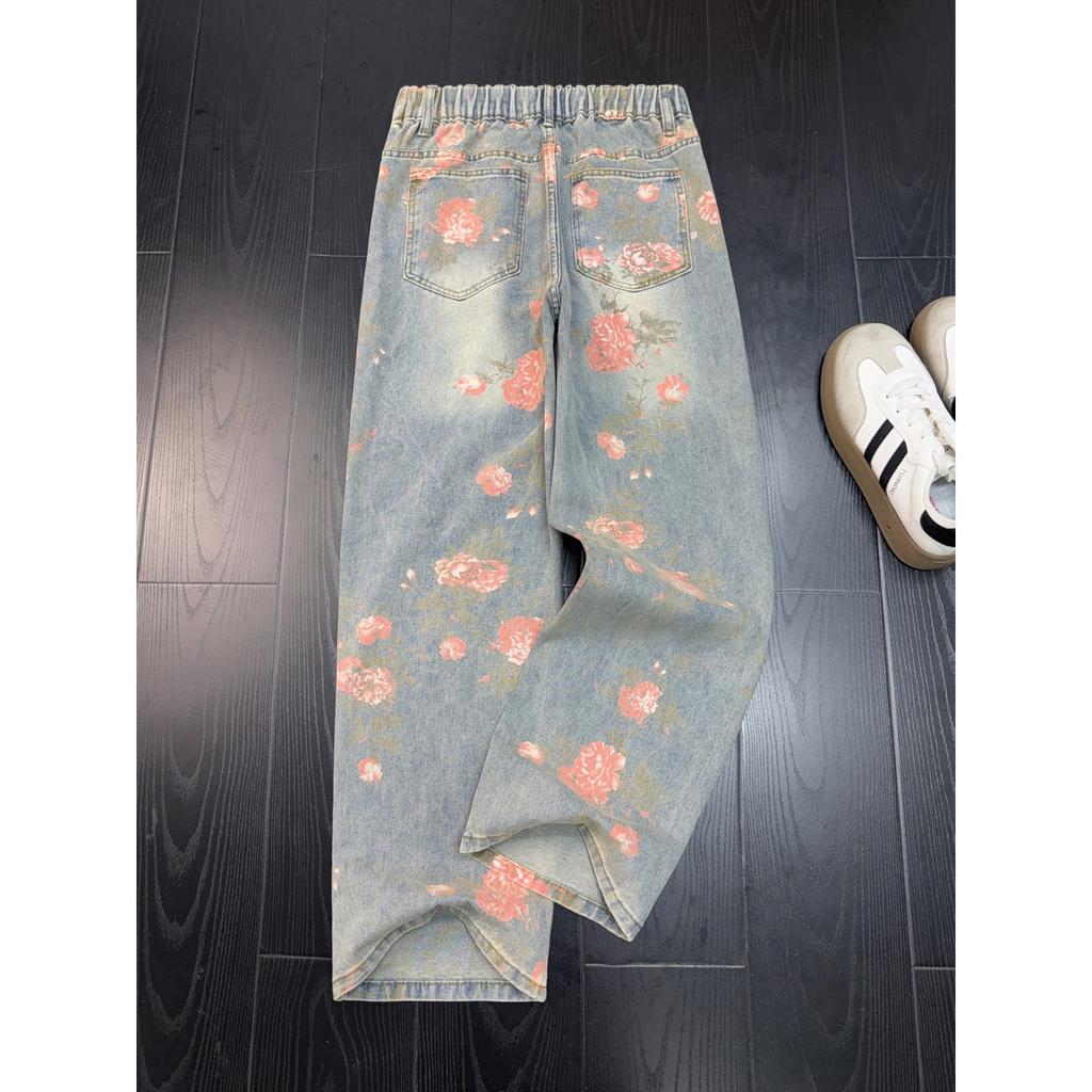 American Flower Full Print Jeans Men's and Women's Autumn Micro-pull Thin Straight Micro-pull Tide Brand Guangzhou Xintang Wholesale