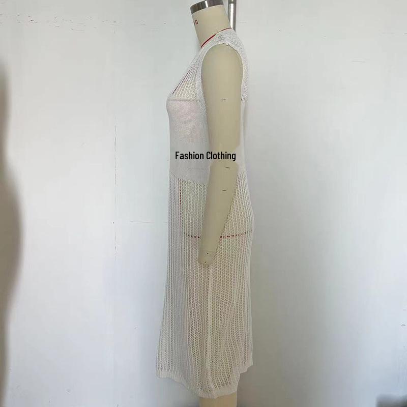 European & American Beach Vacation Sexy Solid Color Knit Split Sun Protection Maxi Dress