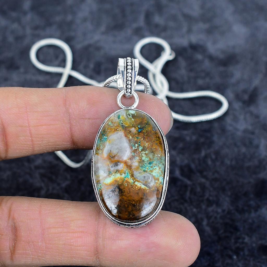 Chrysocolla Gemstone Handmade 925 Sterling Silver Jewelry Pendant 2.01" M-2945