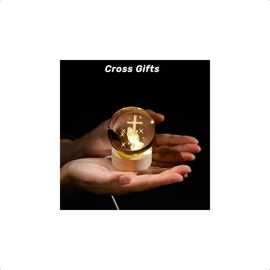 3D Cross Crystal Ball Figurine with Wooden Light Base Laser Engraved Praying Hands Religious Gifts for Women Men Christian Gift