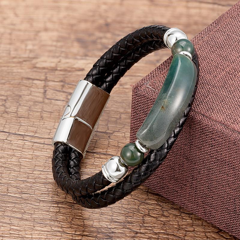 Minimalist Crystal Stone Bracelet Braided Leather Cord Stainless Steel Chain Waterproof Jewelry for Men Women Daily Use