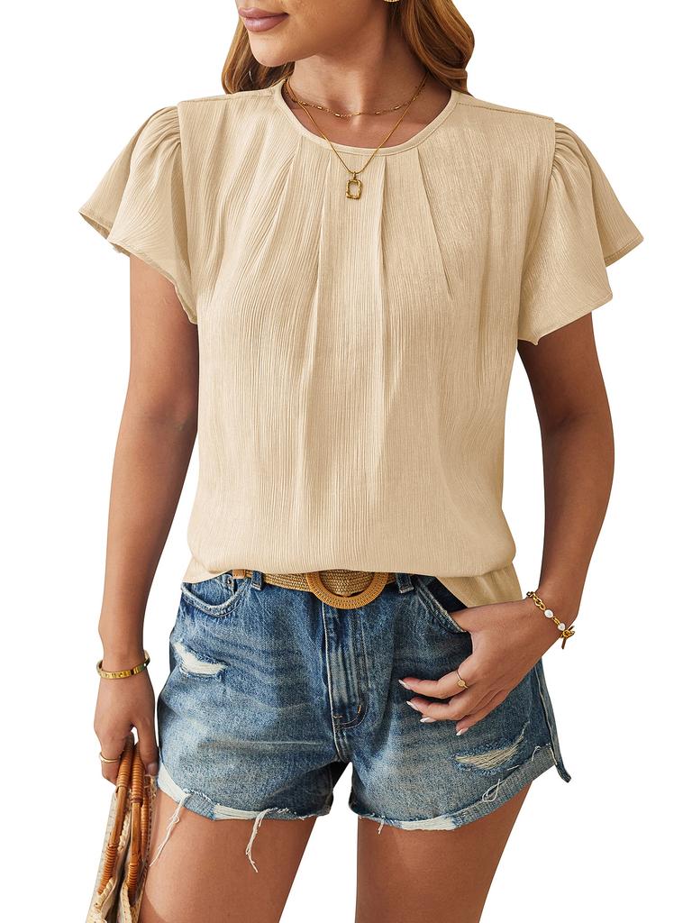Women's Short Sleeve Ruffle Neckline Casual Blouse Multi Color