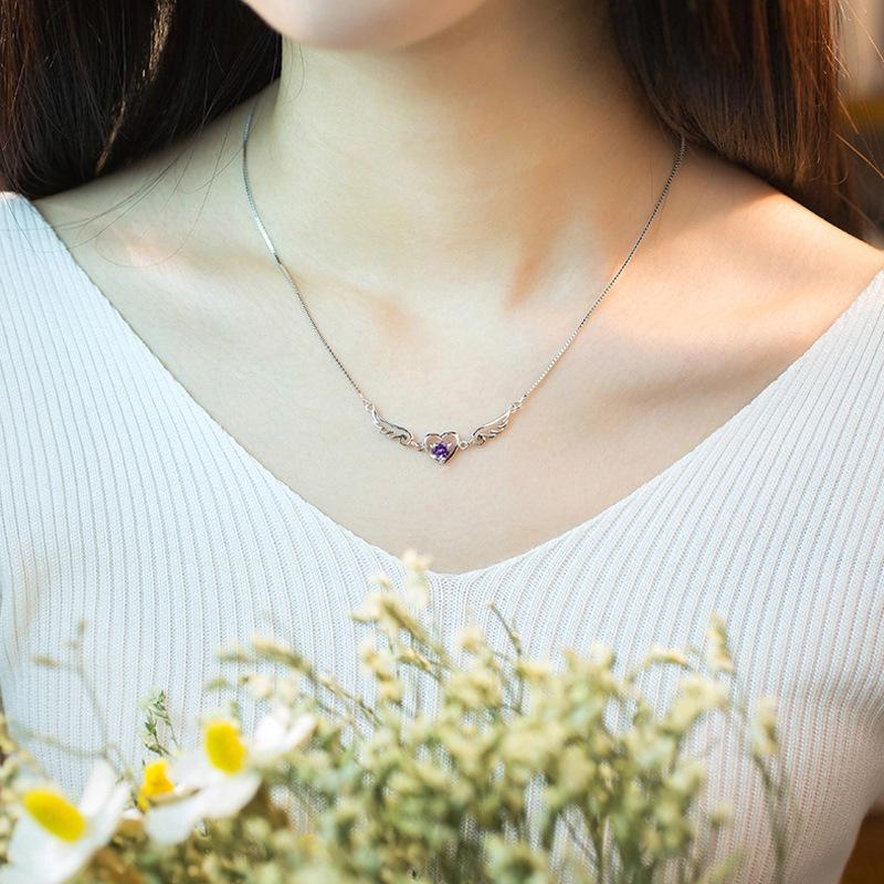 Korean Style Angel Wings Heart Zircon Pendant Necklace - Valentine's Day Gift Jewelry for Women