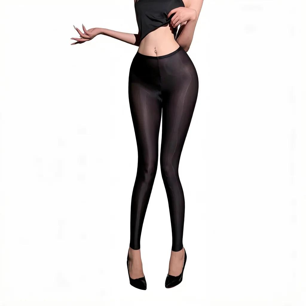 Fashion Women Thin Pants Sheer See Through Oil Shiny Leggings Pencil Pants Elastic Smooth Shaping Slim Ninth Pants Maid Tights