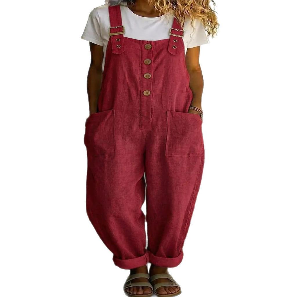 2026 Cotton Linen Retro Pocket Straight-Leg Overalls for Women