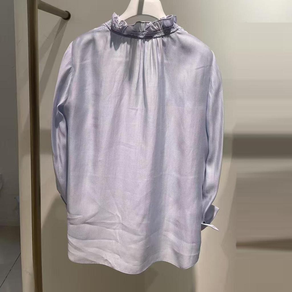 In Stock: 2026 Spring Fashion Sky Blue Lace-up Ruffle V-neck Women's Shirt 1H3120101G