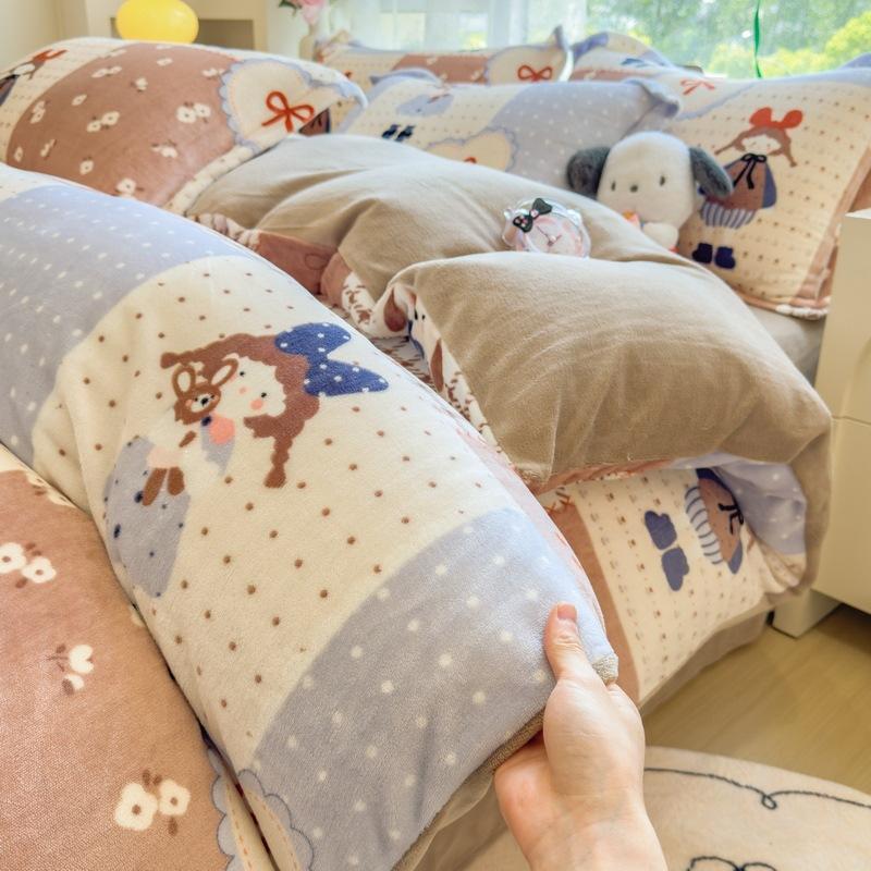 Thickened Milk Fleece Four-Piece Set Double-Sided Fleece Quilt Cover Coral Flannel Bed Sheet Quilt Cover Three-Piece Set Of Bed Hat