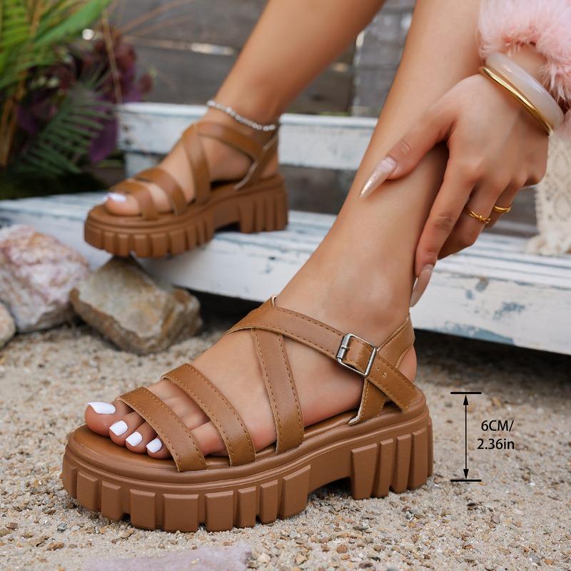 Plus Size Roman Sandals Summer New Round Toe Open Toe Slim Strap Platform One Strap Block Heel Kitten Shoes