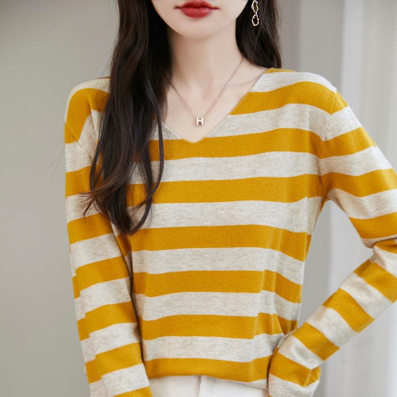 Autumn and Winter Women's Striped Long-sleeved V-neck Bottoming Pullover Loose Casual Knitwear
