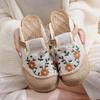 Damen handgefertigte Strohgeflecht-Strandsandalen, atmungsaktives Leinen, rutschfester flacher Boden, bestickte Strandpantoffeln
